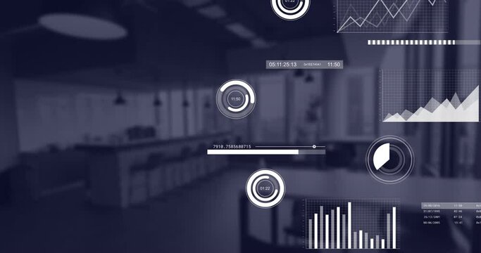 Animation of financial data processing over empty office