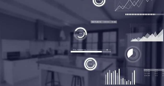 Animation of financial data processing over empty office