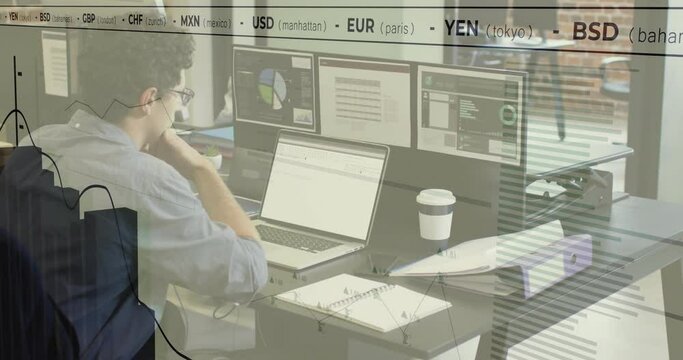 Animation of financial data processing over caucasian businessman using computer in office