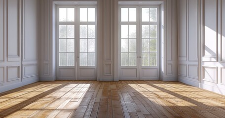 Obraz premium A Room Aglow with Natural Light, Featuring Wooden Flooring and Grand Windows with a Balcony Doorway
