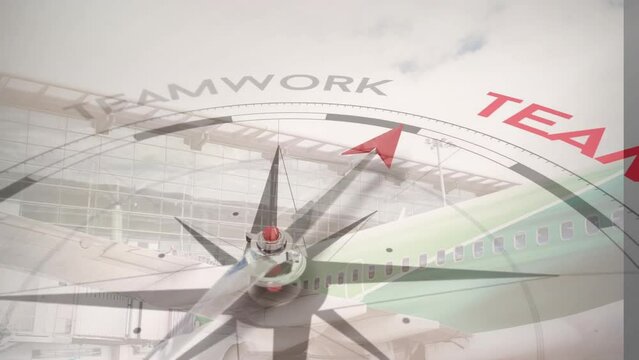 Animation of compass with arrow pointing to teamwork text over passenger plane on runway
