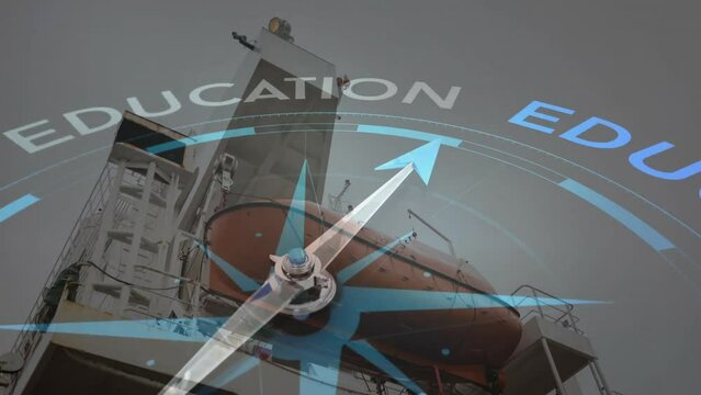 Animation of compass with arrow pointing to education text over ship