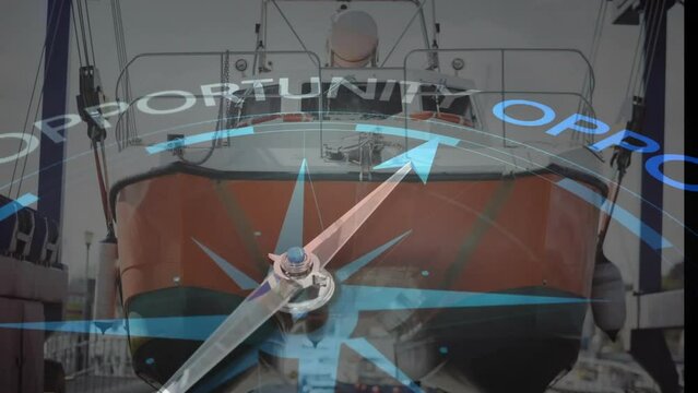 Animation of compass with arrow pointing to opportunity text over boat in dock