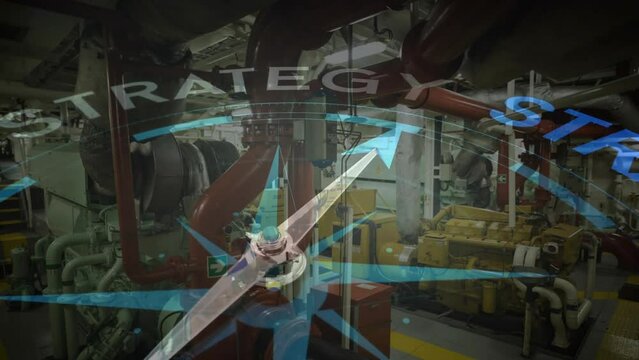Animation of compass with arrow pointing to strategy text over industrial machinery