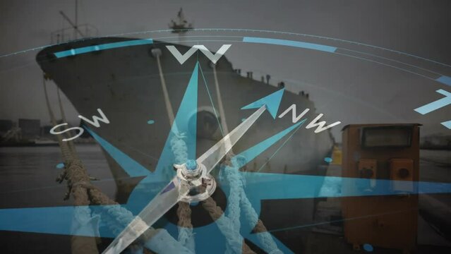 Animation of compass with arrow pointing to travel text over ship in dock