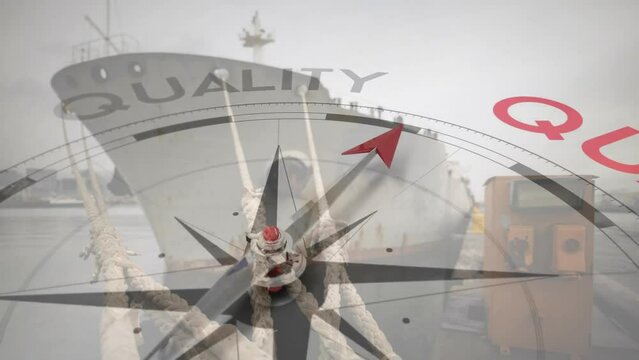 Animation of compass with arrow pointing to quality text over ship in harbour