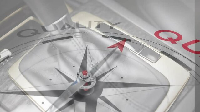 Animation of compass with arrow pointing to quality text over gearlever in car