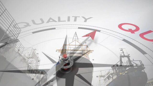 Animation of compass with arrow pointing to quality text over ship in dock