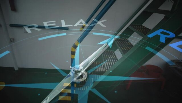 Animation of compass with arrow pointing to relax text over steps on ship