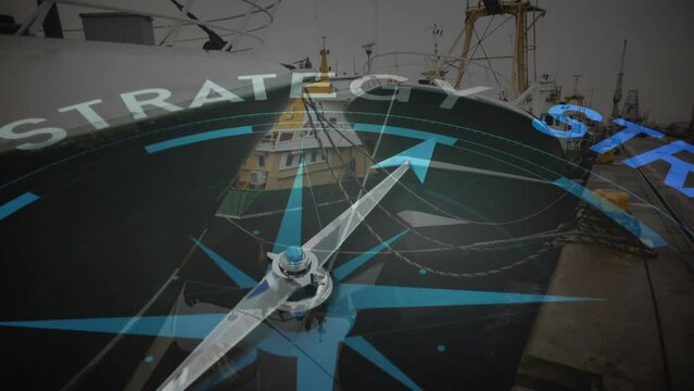 Animation of compass with arrow pointing to strategy text over boats in harbour