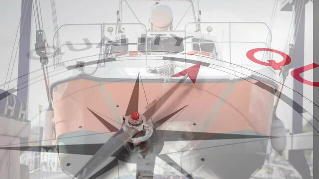 Animation of compass with arrow pointing to quality text over boat in dock