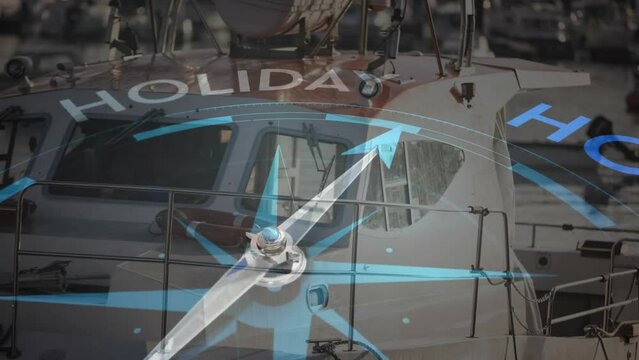 Animation of compass with arrow pointing to holiday text over boat in harbour