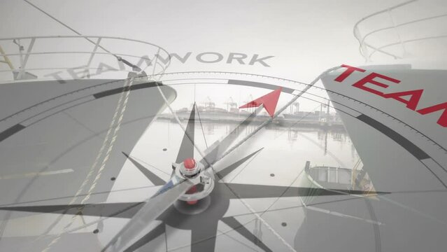 Animation of compass with arrow pointing to teamwork text over boats in harbour