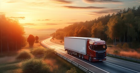 A Lone Truck's Voyage Along the Road as the Sun Sets - obrazy, fototapety, plakaty