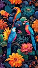 colorful birds with different flowers and leaves
