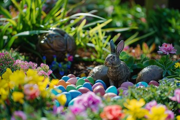 Vibrant easter scene with a bunny hidden among colorful eggs in a lush garden Inviting discovery and delight