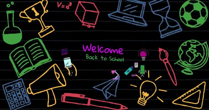 Animation of back to school text over school items icons