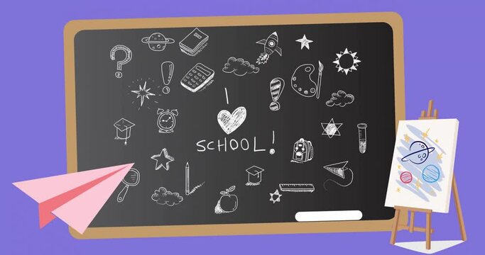Animation of i love school text over school items icons