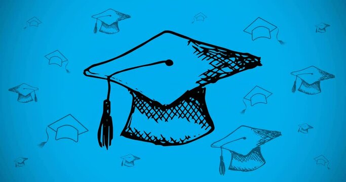 Animation of graduation hats on blue background