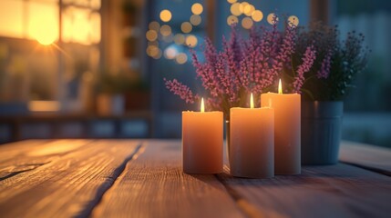 The Soft Light and Fragrance of Scented Candles on a Wooden Table for Ultimate Relaxation