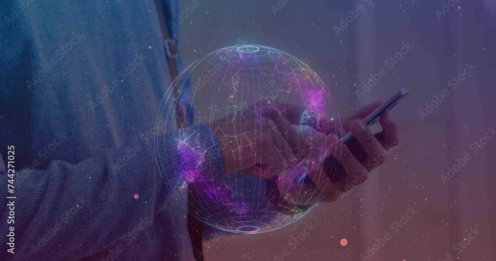 Aufkleber animation of network of connections and caucasian man using smartphone over globe