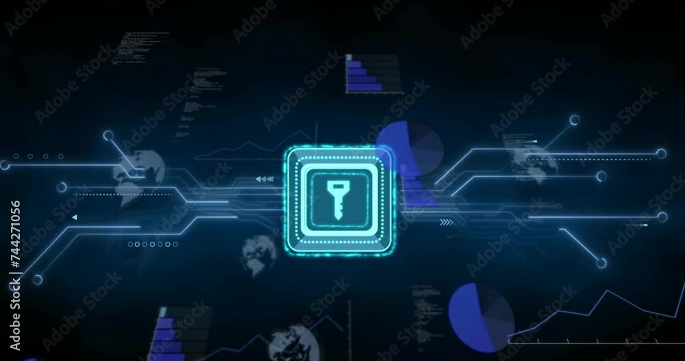Poster animation of data processing with key over diagrams and globes