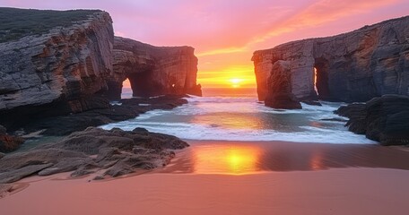 A serene sunset view with waves washing onto the sandy beach flanked by majestic rock formations