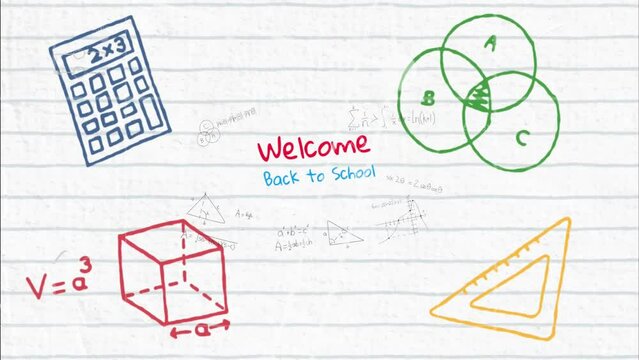 Animation of back to school text over school items icons and mathematical equations
