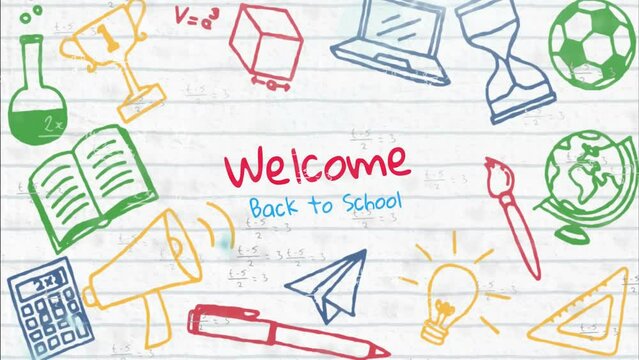 Animation of back to school text over school items icons