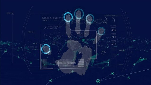 Animation of data processing with handprint over shapes