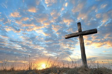 Wooden cross against a serene sky Symbolizing faith and renewal in the spirit of easter - obrazy, fototapety, plakaty
