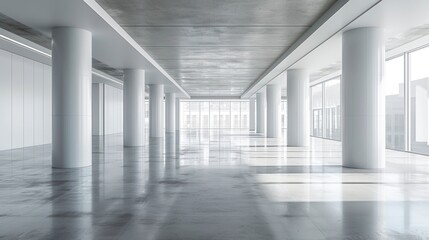 A Spacious Office, Pristine in White, with Elegant Columns and Concrete Flooring, Basking in Natural Light