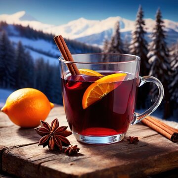 Glass of mulled red wine with spices against snowy winter landscape photo