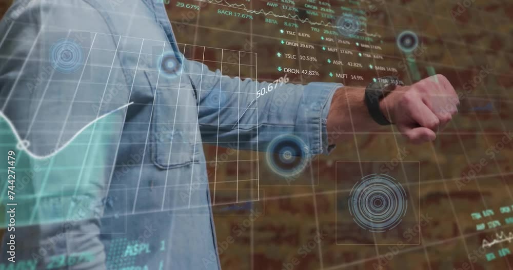 Aufkleber animation of stock market and data processing over caucasian man checking smartwatch