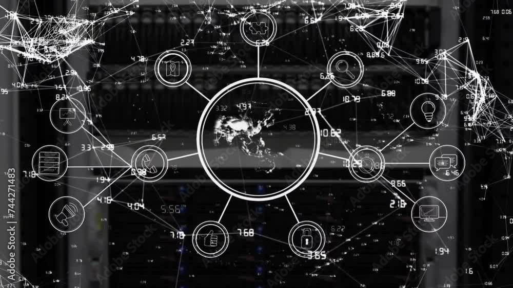 Poster animation of network of connections over globe and computer servers