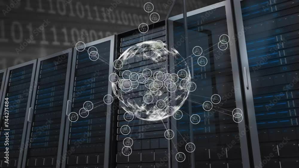 Poster animation of network of connections over globe and computer servers