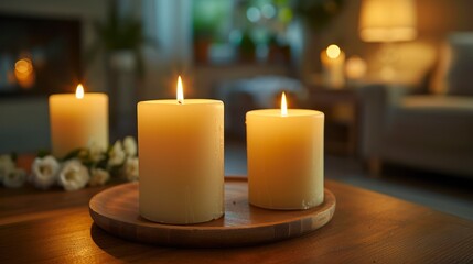 Obraz na płótnie Canvas Aromatic Serenity - The Gentle Glow of Scented Candles Casts a Relaxing Ambiance on a Wooden Table