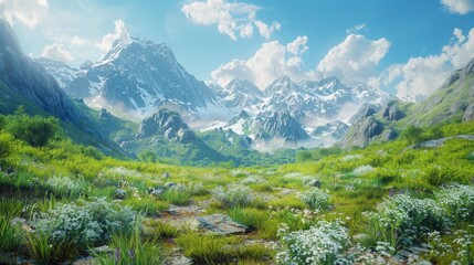 Lush Alpine Meadow with Snowy Mountain Range and Sprawling Wildflowers - obrazy, fototapety, plakaty