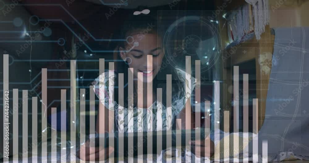 Poster animation of data processing and circuit board over biracial girl using tablet