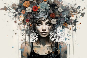 Punk woman flowers. Summer art model. Generate Ai