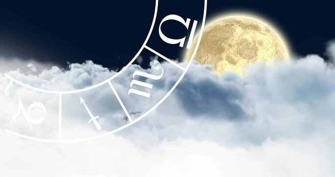 Animation of zodiac sign horoscope wheel over moon