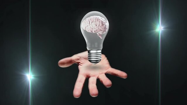 Animation of lightbulb with hand and brain over light spots