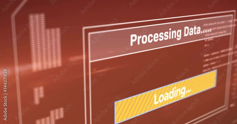 Poster animation of text and digital data processing over screen