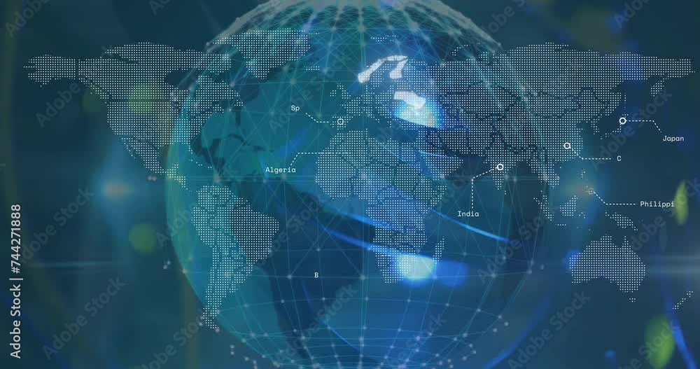 Poster animation of globe over world map and data processing