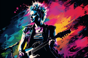 Punk young woman rock concert. Fan singer. Generate Ai - obrazy, fototapety, plakaty