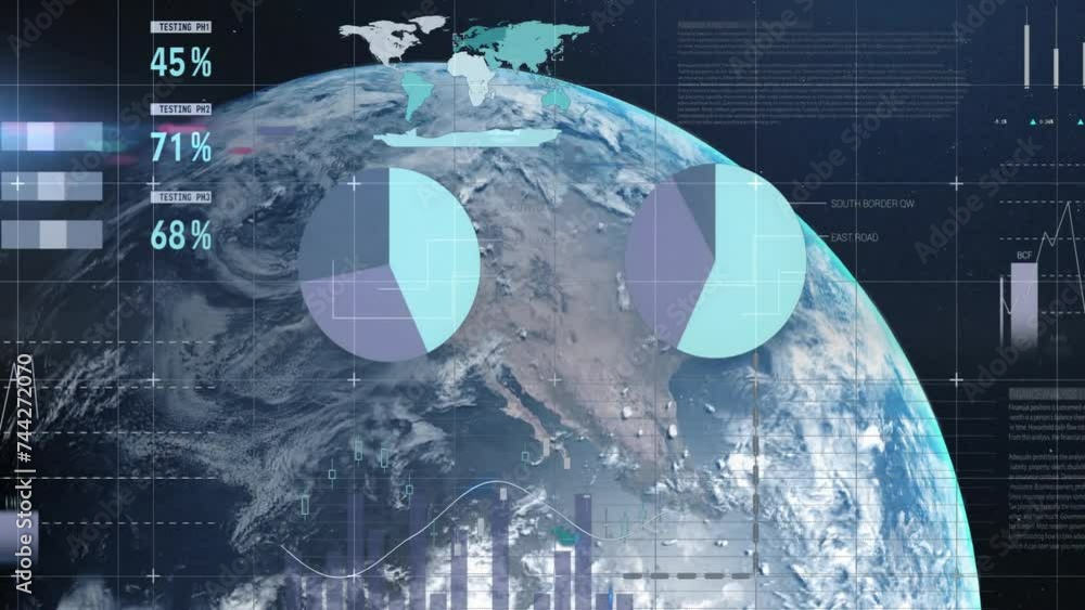 Poster animation of data processing and diagrams over globe