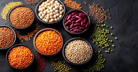 Bowls Filled with Legumes, Lentils, Chickpeas, and Beans Neatly Presented on a Stone Table, Seen from Above