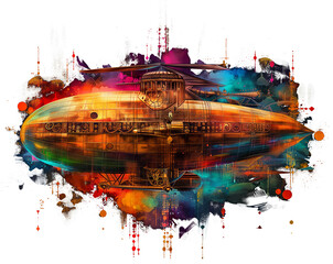 Watercolor design of a flying steampunk dirigible / blimp / air ship, against an intermixed splash of vibrant blue, purple, green, pink, and orange watercolor behind it, on a transparent background	
