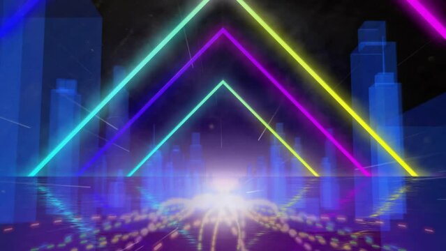 Animation of neon shapes and neon cityscape