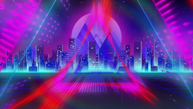 Animation of digital tunnel and neon cityscape